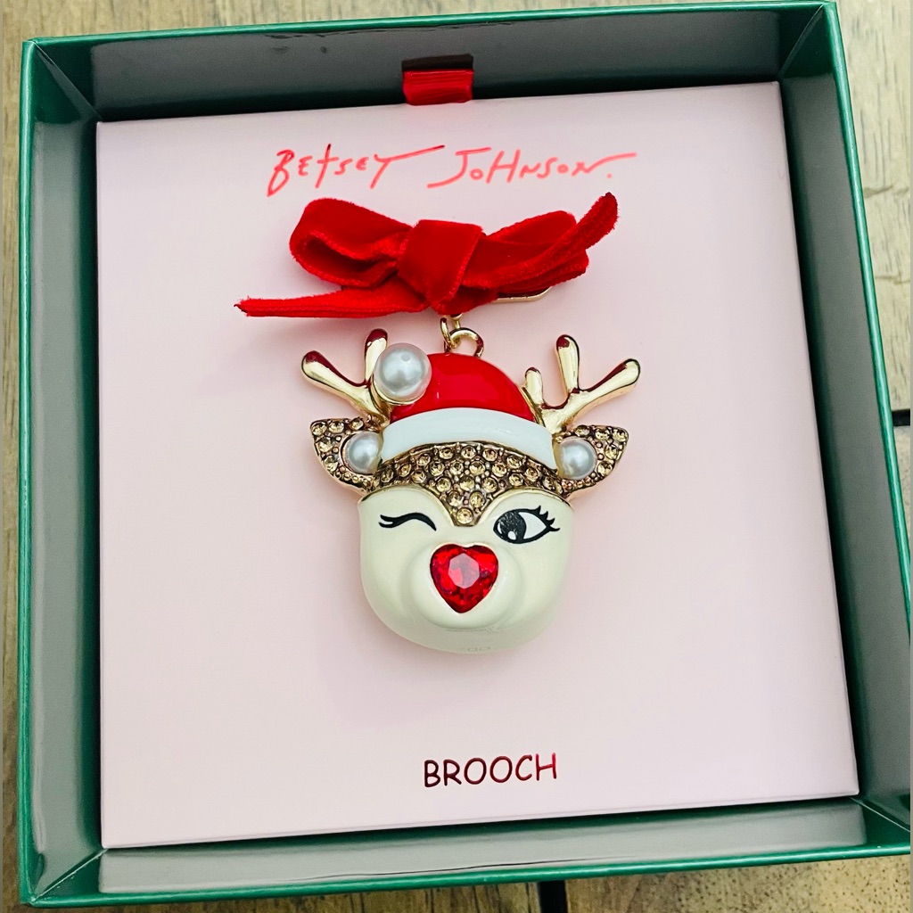 New Betsey Johnson Rudolph Reindeer Bow Brooch Pin Holiday Christmas